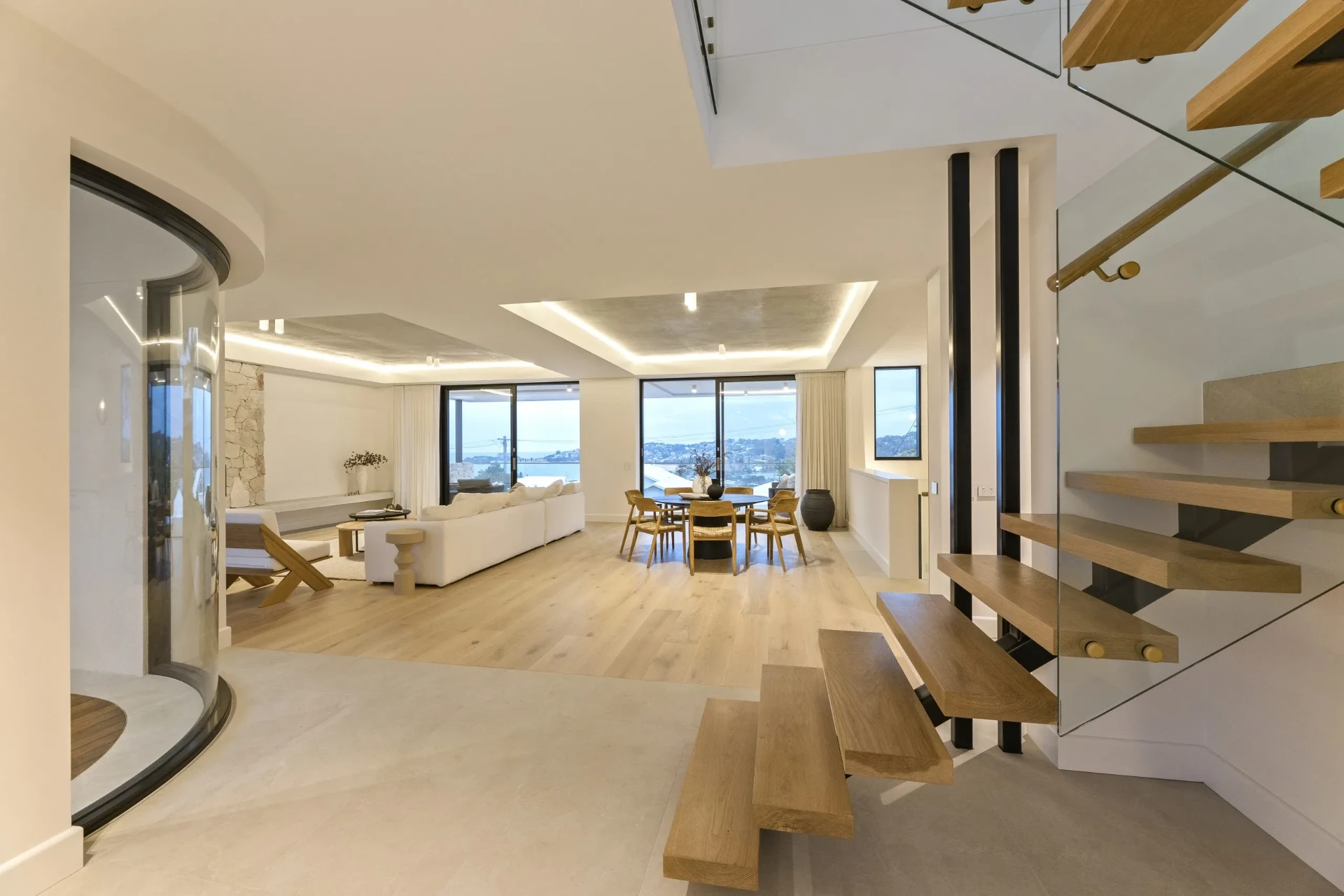 Open-plan living area with water views